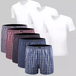 3 White V-Neck T-Shirts and 5 Woven Boxers
